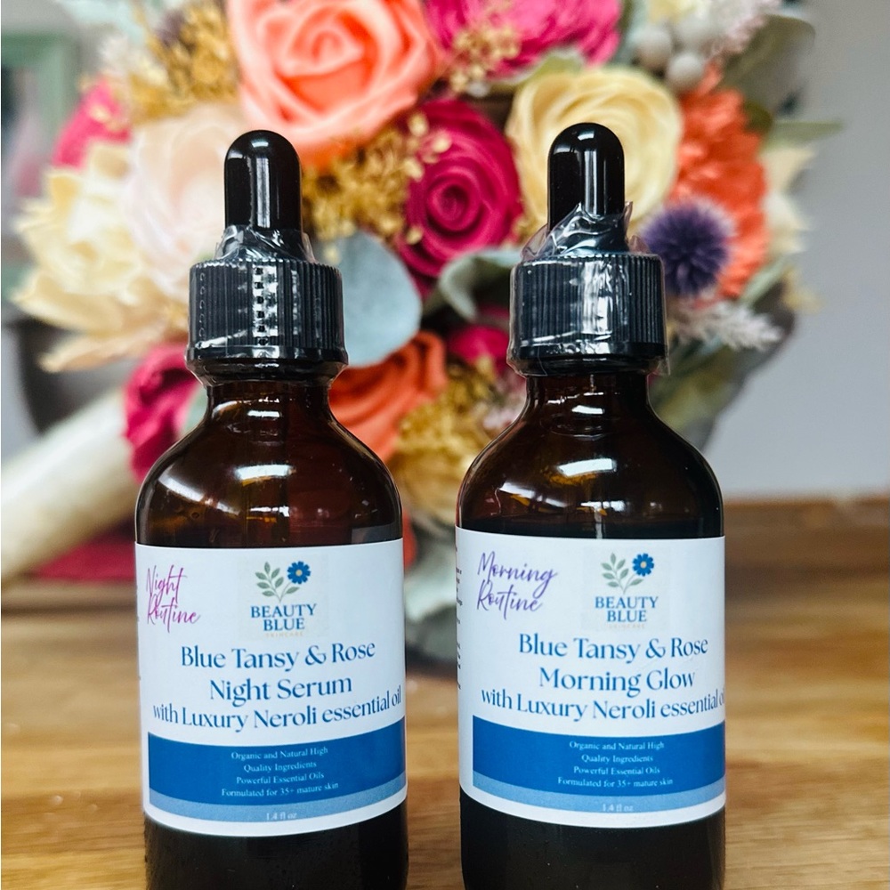 Organic Blue Tansy & Rose Night and Morning Glow Set; For Face, Body, Hair Care